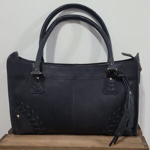 Structured Black Leather Satchel with Tassel Accent